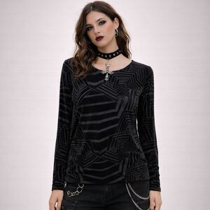 Black Velvet Burnout Striped Top Longsleeves M Retro 70s Rave Goth Emo